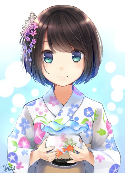 Anime picture 731x1007 with original makadamia single tall image looking at viewer blush short hair smile brown hair signed upper body traditional clothes japanese clothes hair flower aqua eyes floral print multicolored eyes girl hair ornament flower (flowers)