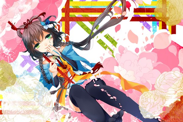 Anime picture 1950x1300 with vocaloid vocaloid china luo tianyi krr (strib und werde) single long hair highres black hair green eyes braid (braids) traditional clothes girl thighhighs hair ornament flower (flowers) black thighhighs petals