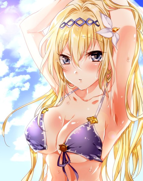 Anime picture 800x1011 with granblue fantasy jeanne d'arc (granblue fantasy) raimu (yuzu-raimu) single long hair tall image looking at viewer blush fringe blue eyes light erotic blonde hair hair between eyes sky cloud (clouds) upper body parted lips hair flower sunlight arms up