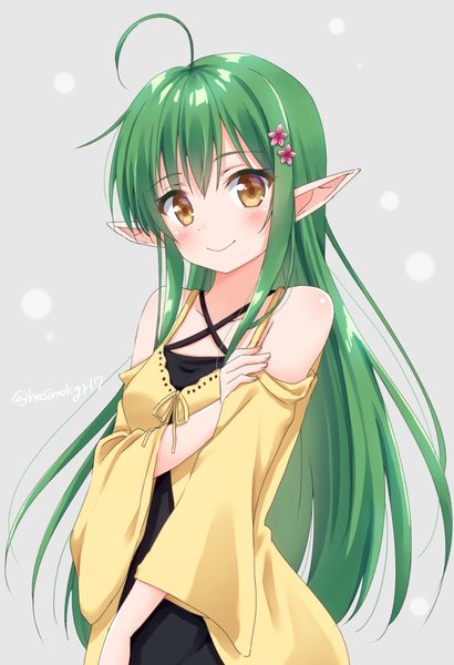 Anime picture 654x956 with original hoshino kagari single long hair tall image looking at viewer blush smile bare shoulders signed yellow eyes ahoge upper body green hair pointy ears grey background twitter username elf holding arm girl