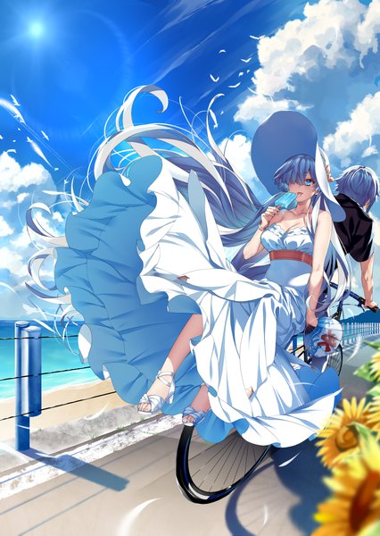 Anime picture 1450x2041 with fate (series) fate/grand order anastasia (fate) kadoc zemlupus hamada pochiwo tall image fringe short hair blue eyes blue hair sky cloud (clouds) very long hair hair over one eye summer back to back girl dress boy flower (flowers)