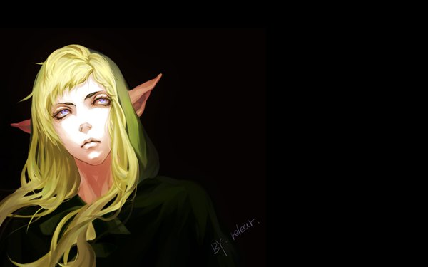 Anime picture 1610x1008 with original fenbei single long hair simple background blonde hair wide image purple eyes pointy ears black background looking up elf boy