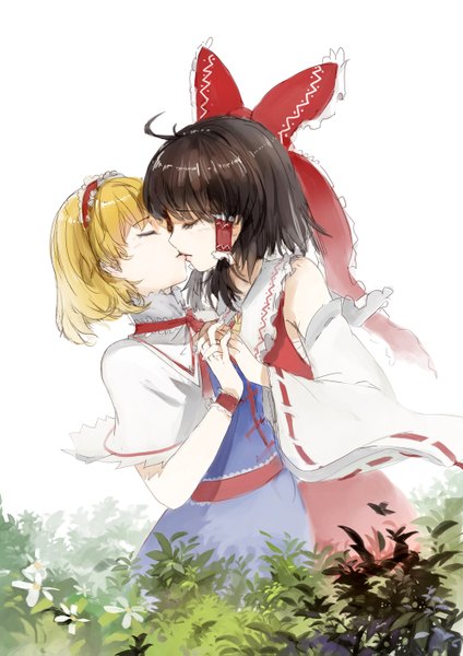 Anime picture 1000x1415 with touhou hakurei reimu alice margatroid november (jeanex) tall image fringe short hair blonde hair brown hair multiple girls holding eyes closed traditional clothes wide sleeves holding hands shoujo ai miko kiss girl bow