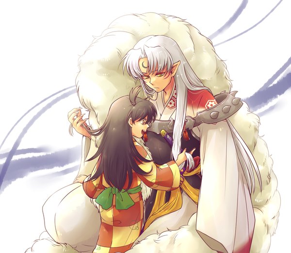 Anime picture 1148x1000 with inuyasha sesshomaru rin (inuyasha) shirou (vista) long hair open mouth black hair brown eyes yellow eyes white hair japanese clothes fingernails pointy ears from behind long fingernails crescent girl boy armor child (children)