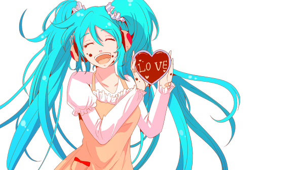 Anime picture 1600x900 with vocaloid hatsune miku gino0808 single wide image twintails eyes closed very long hair aqua hair transparent background valentine girl dress hair ornament heart headphones
