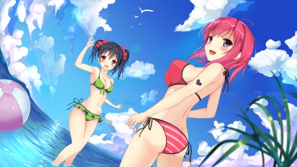 Anime picture 1344x756 with love live! school idol project sunrise (studio) love live! nishikino maki yazawa nico chuxue blush short hair breasts open mouth light erotic black hair red eyes wide image large breasts twintails multiple girls pink hair sky cloud (clouds)