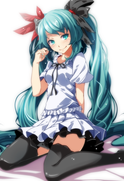 Anime picture 1713x2500 with vocaloid world is mine (vocaloid) hatsune miku tsukishiro saika single tall image looking at viewer blush highres simple background smile white background sitting twintails very long hair head tilt aqua eyes aqua hair short sleeves wariza