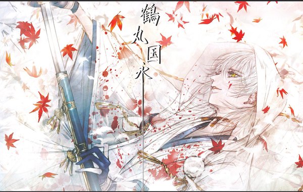 Anime picture 2048x1300 with touken ranbu nitroplus tsurumaru kuninaga kuroe (pixiv5268156) single highres short hair yellow eyes looking away silver hair character names outstretched arm letterboxed blood on face bloody clothes unsheathing boy gloves weapon sword