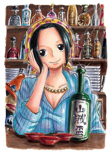 Anime picture 872x1200 with one piece toei animation makino (one piece) stt0tr single tall image short hair breasts black hair smile large breasts signed payot looking away black eyes sparkle twitter username chin rest girl necklace