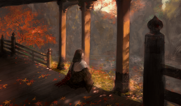 Anime picture 3541x2077 with sekiro: shadows die twice from software divine child of rejuvenation nira (nira box) single long hair highres black hair wide image sitting looking away absurdres from above low ponytail girl leaf (leaves) maple leaf veranda