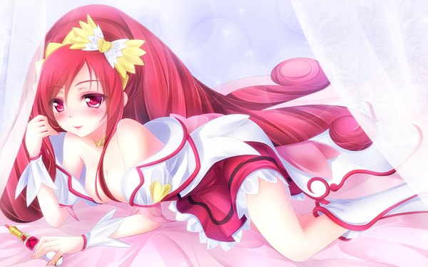 Anime picture 1920x1200 with precure dokidoki! precure toei animation cure ace yayayoruyoru single long hair highres breasts light erotic red eyes wide image bare shoulders red hair lips lipstick on stomach makeup magical girl girl
