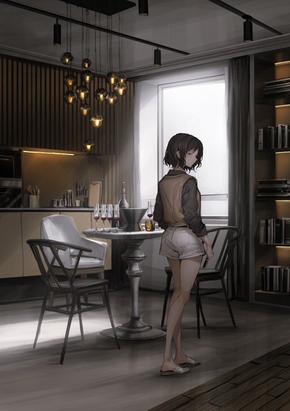 Anime picture 2000x2829 with lavender quartz lm7 (op-center) single tall image looking at viewer fringe highres short hair black hair standing purple eyes full body indoors looking back bare legs sleeves folded up girl shirt shorts window