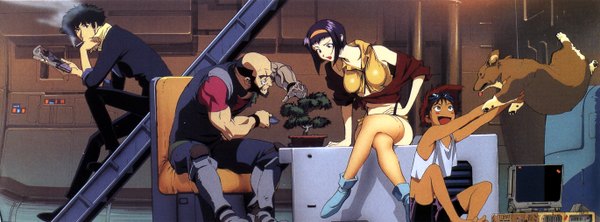Anime picture 2740x1016 with cowboy bebop sunrise (studio) faye valentine spike spiegel edward wong hau pepelu tivrusky iv ein (cowboy bebop) jet black highres short hair breasts open mouth black hair wide image large breasts sitting multiple girls purple hair scan arm support official art