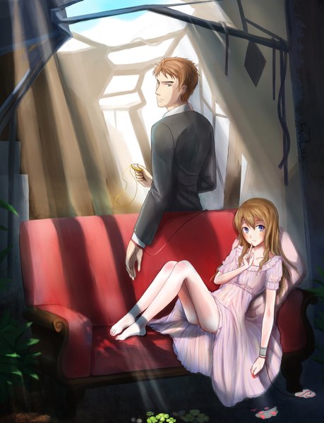 Anime picture 1072x1400 with original evolan (artist) long hair tall image short hair blue eyes blonde hair smile brown hair barefoot girl boy couch clock pocket watch thread red thread