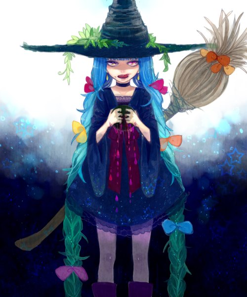 Anime picture 2000x2400 with original sono (pixiv) single tall image highres blue hair braid (braids) very long hair heterochromia twin braids witch girl dress bow tongue jewelry witch hat broom