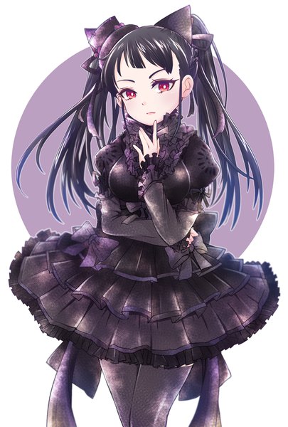 Anime picture 1378x2039 with puzzle & dragons xiang mei (p&d) pikomarie single long hair tall image looking at viewer fringe breasts black hair simple background red eyes standing white background twintails puffy sleeves lolita fashion goth-loli girl thighhighs