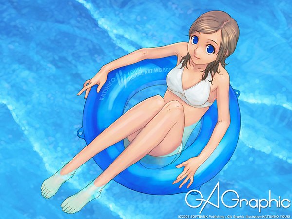 Anime picture 1024x768 with gagraphic yuuki katsuhiko single long hair looking at viewer blue eyes brown hair signed full body from above copyright name afloat girl swimsuit