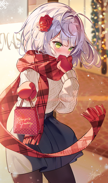 Anime picture 2577x4358 with genshin impact noelle (genshin impact) kokonex single tall image blush highres short hair green eyes looking away silver hair outdoors braid (braids) hair flower alternate costume embarrassed christmas covered mouth outstretched hand crown braid