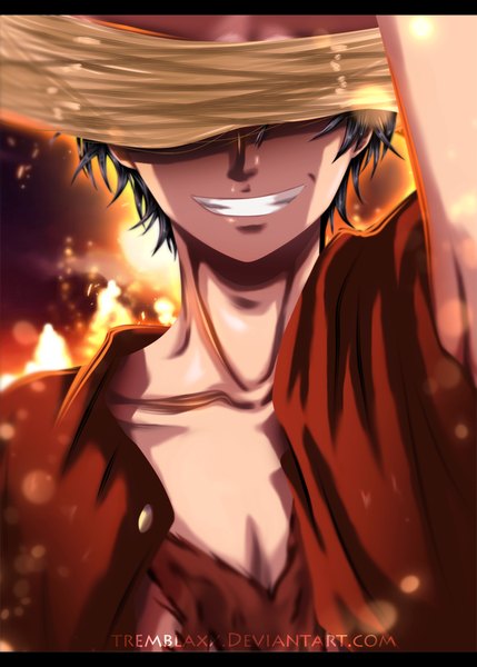 Anime picture 1000x1399 with one piece toei animation monkey d. luffy tremblax single tall image short hair black hair smile grin coloring letterboxed scar hat over eyes boy hat straw hat