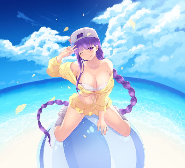 Anime picture 6496x5906 with fate (series) fate/grand order bb (fate) (all) bb (swimsuit mooncancer) (fate) cait single looking at viewer blush fringe highres breasts light erotic hair between eyes large breasts purple eyes bare shoulders absurdres sky cleavage purple hair