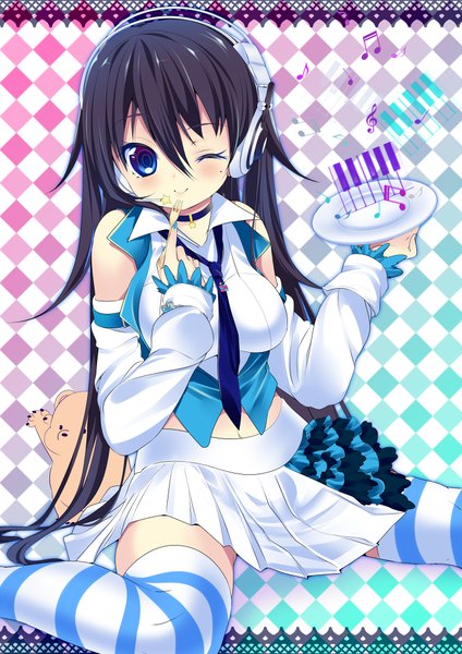 Anime picture 700x990 with original haruta (806060) single long hair tall image looking at viewer blush fringe blue eyes black hair smile hair between eyes sitting bent knee (knees) nail polish pleated skirt one eye closed wink mole mole under eye