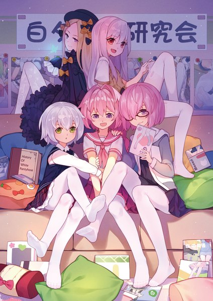 Anime picture 1612x2279 with fate (series) fate/grand order fate/apocrypha mash kyrielight abigail williams (fate) illyasviel von einzbern astolfo (fate) jack the ripper (fate/apocrypha) tsubasa tsubasa long hair tall image looking at viewer fringe short hair blonde hair smile red eyes white background sitting purple eyes