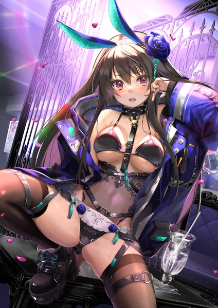 Anime picture 1158x1638 with original noir socery777 single long hair tall image looking at viewer blush fringe breasts open mouth light erotic hair between eyes red eyes brown hair large breasts animal ears payot bent knee (knees) ass indoors