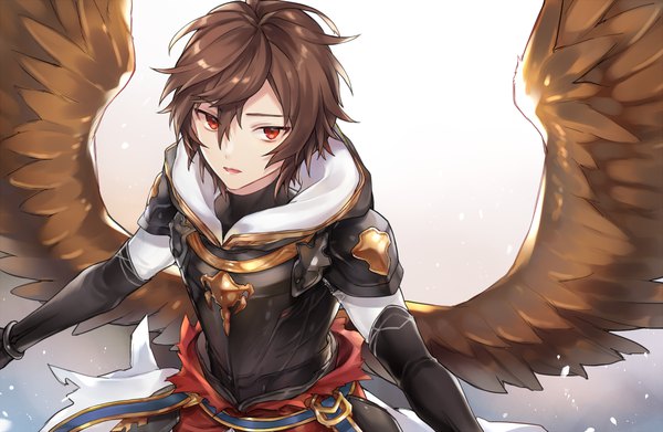 Anime picture 1302x850 with granblue fantasy sandalphon (granblue fantasy) shiao single looking at viewer fringe short hair hair between eyes red eyes brown hair upper body from above low wings boy wings armor