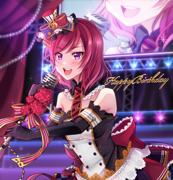 Anime picture 2000x2089 with love live! school idol project sunrise (studio) love live! nishikino maki haruki sato single tall image blush highres short hair open mouth purple eyes holding looking away red hair teeth sparkle zoom layer happy birthday singing