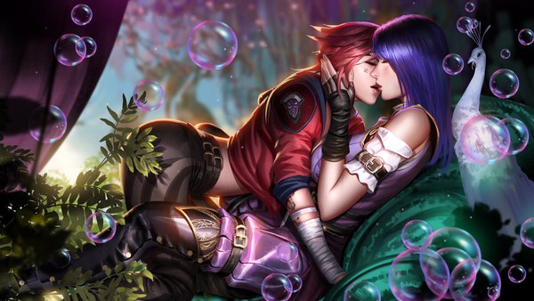 Anime-Bild 4000x2250 mit arcane: league of legends league of legends caitlyn (league of legends) vi (league of legends) liang xing long hair blush fringe highres short hair light erotic wide image sitting bare shoulders multiple girls blue hair absurdres outdoors red hair eyes closed