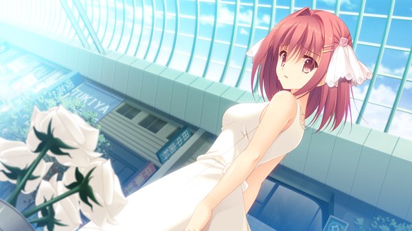 Anime picture 1280x720 with sora tobu hitsuji to manatsu no hana konohanamiya kotoya tanihara natsuki single looking at viewer blush short hair open mouth red eyes wide image bare shoulders game cg sky cloud (clouds) red hair profile looking back tears turning head crying