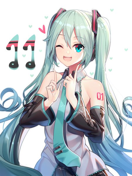 Anime picture 900x1200 with vocaloid hatsune miku ririko (zhuoyandesailaer) single tall image looking at viewer blush fringe open mouth simple background smile hair between eyes white background twintails bare shoulders payot very long hair nail polish pleated skirt one eye closed