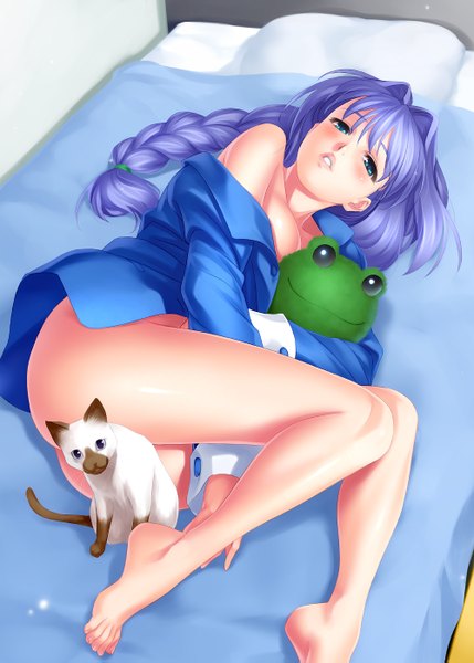 Anime picture 1000x1399 with kanon key (studio) minase akiko zen (kamuro) long hair tall image blue eyes light erotic blue hair lying braid (braids) barefoot legs girl shirt cat toy stuffed animal