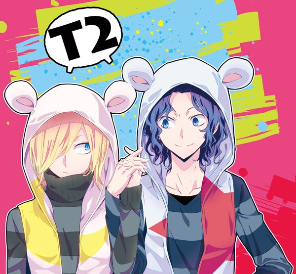 Anime picture 900x831 with yowamushi pedal teshima junta aoyagi hajime kushimori fringe short hair blue eyes blonde hair smile blue hair looking away upper body hair over one eye multiple boys hand on hip holding hands wavy hair striped shounen ai animal hood