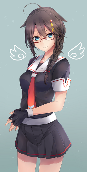 Anime-Bild 572x1125 mit kantai collection shigure destroyer jenson tw single long hair tall image looking at viewer blush blue eyes black hair simple background smile standing ahoge braid (braids) pleated skirt grey background short sleeves single braid remodel (kantai collection)