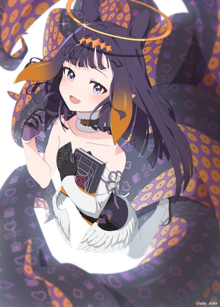 Anime picture 2280x3180 with virtual youtuber hololive hololive english ninomae ina'nis ninomae ina'nis (1st costume) ao-chan (ninomae ina'nis) stu diho single long hair tall image blush fringe highres open mouth black hair purple eyes signed animal ears blunt bangs :d