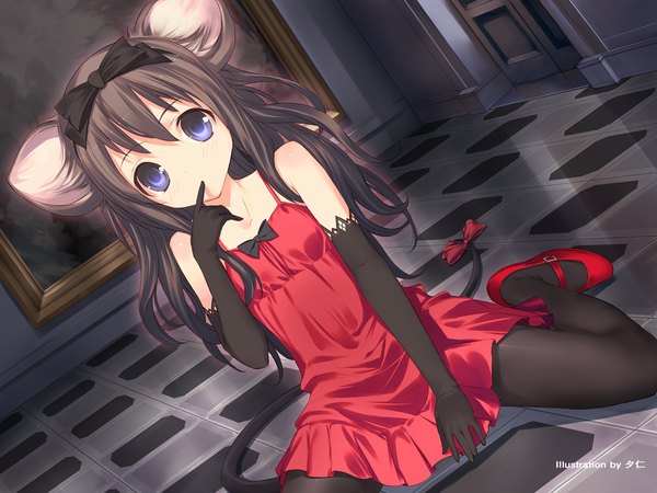 Anime-Bild 1280x960 mit original uni (plastic girl) single long hair looking at viewer blush fringe blue eyes hair between eyes brown hair sitting bare shoulders signed animal ears payot bent knee (knees) indoors tail head tilt animal tail