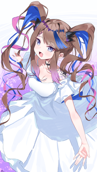 Anime picture 2500x4425 with virtual youtuber stellive airi kanna tosyeo single tall image blush highres breasts open mouth blue eyes brown hair large breasts twintails bare shoulders payot looking away cleavage very long hair :d