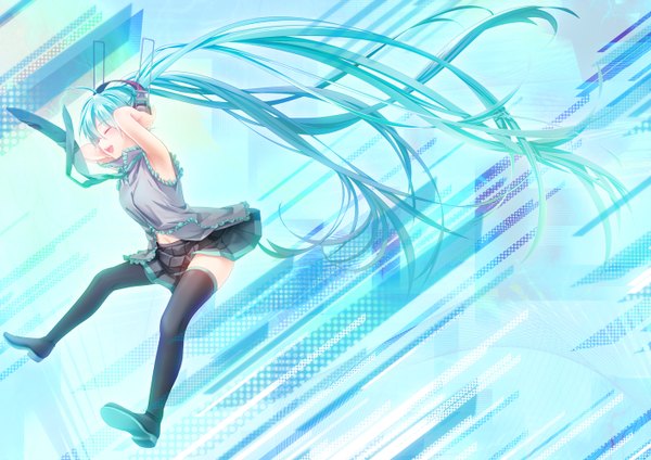 Anime picture 1412x1000 with vocaloid hatsune miku geroro single open mouth twintails eyes closed very long hair aqua hair legs girl skirt miniskirt necktie headphones thigh boots