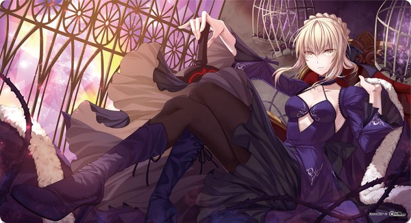 Anime picture 1500x815 with fate (series) fate/grand order fate/stay night artoria pendragon (all) saber saber alter jh single long hair looking at viewer blonde hair wide image yellow eyes crossed legs girl dress boots black dress cage