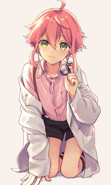 Anime picture 600x1000 with ensemble stars! himemiya touri rimo single tall image looking at viewer blush fringe short hair hair between eyes holding green eyes payot pink hair ahoge off shoulder sleeves past wrists on all fours :3 boy