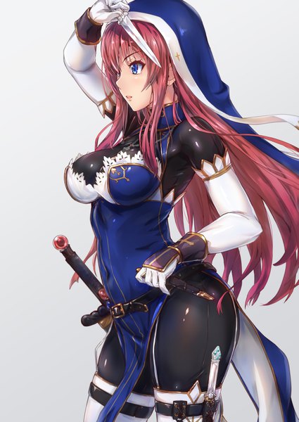 Anime picture 2150x3036 with original modern combat sister (tori@gununu) tori@gununu single long hair tall image blush fringe highres breasts light erotic simple background hair between eyes large breasts standing holding payot looking away red hair parted lips