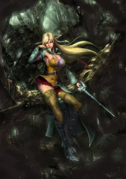 Anime picture 1400x1980 with original pixiv fantasia kazeno long hair tall image blue eyes blonde hair sitting outdoors pointy ears elf girl thighhighs weapon sword tree (trees) boots forest