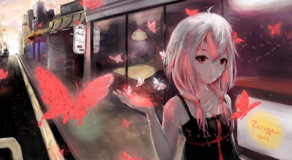 Anime picture 2000x1100 with guilty crown production i.g yuzuriha inori reizyl single long hair looking at viewer fringe highres hair between eyes red eyes wide image standing twintails bare shoulders signed pink hair ahoge upper body outdoors