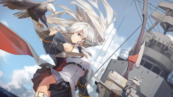 Anime picture 2000x1125 with azur lane enterprise (azur lane) rff (3 percent) single long hair fringe highres breasts light erotic wide image purple eyes bare shoulders payot looking away sky silver hair cloud (clouds) outdoors pleated skirt arm up