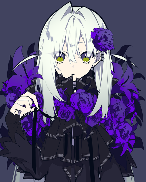 Anime picture 1447x1802 with original mochizuki kei single long hair tall image looking at viewer fringe simple background hair between eyes green eyes upper body white hair long sleeves hair flower piercing ear piercing dark background expressionless girl dress