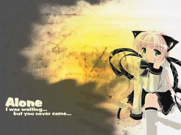 Anime picture 1152x864 with single looking at viewer blonde hair green eyes animal ears bent knee (knees) very long hair cat girl third-party edit girl uniform socks serafuku knee socks