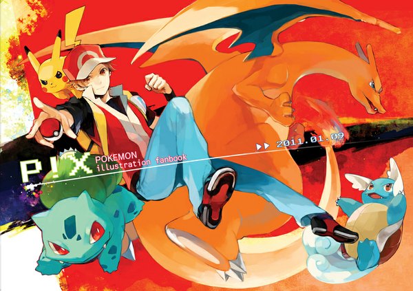 Anime picture 900x635 with pokemon nintendo pikachu red (pokemon) charizard bulbasaur wartortle lupicam looking at viewer short hair smile red eyes brown hair copyright name outstretched arm dated fantasy gen 1 pokemon boy animal