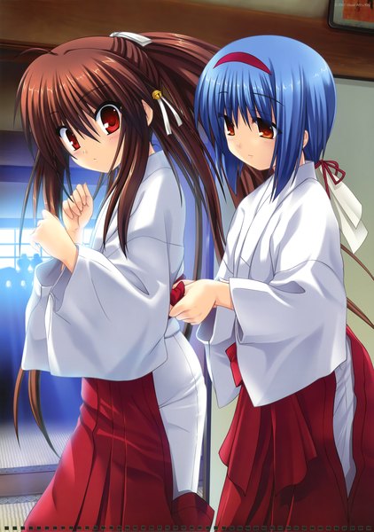 Anime picture 3483x4951 with little busters! key (studio) natsume rin nishizono mio na-ga long hair tall image blush highres red eyes brown hair multiple girls blue hair absurdres ponytail very long hair traditional clothes japanese clothes orange eyes light