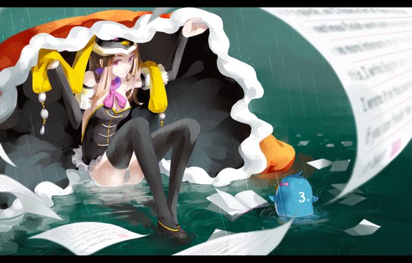 Anime picture 1950x1251 with mawaru penguindrum takakura himari princess of the crystal penguin 3-gou nine (liuyuhao1992) long hair looking at viewer highres light erotic brown hair sitting bare shoulders cleavage pink eyes letterboxed rain girl thighhighs gloves black thighhighs